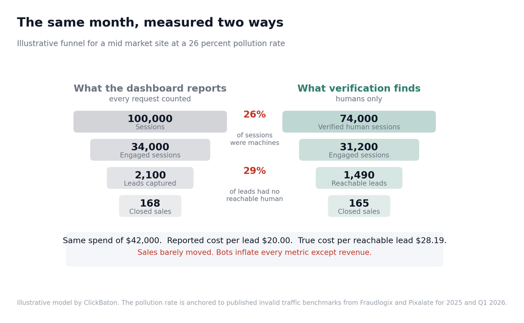 Side by side funnel comparison showing reported metrics versus verified human metrics for the same month