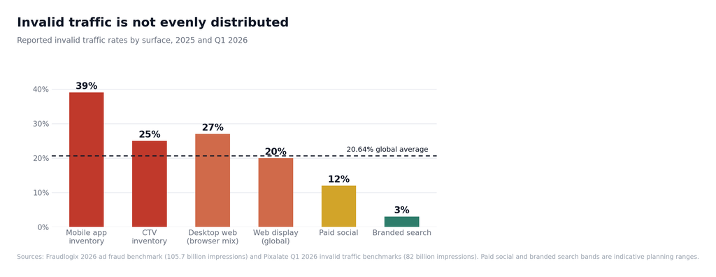 Invalid traffic rates by surface showing mobile app, connected television, desktop web, web display, paid social and branded search
