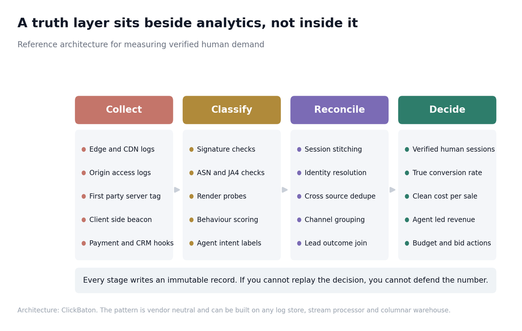 Reference architecture for a truth layer showing collect, classify, reconcile and decide stages