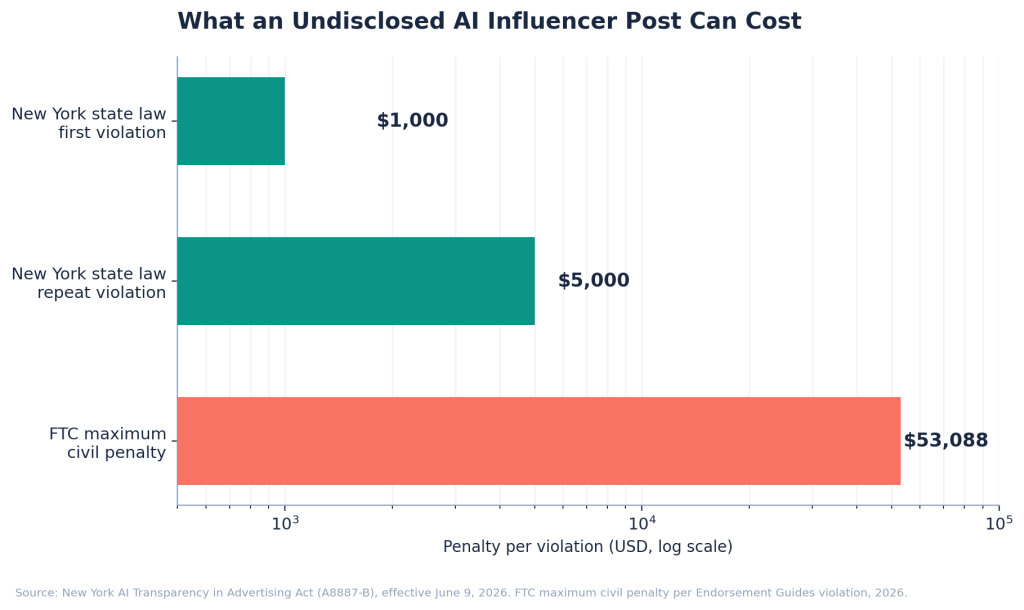 Horizontal bar chart comparing AI influencer disclosure penalties: 1,000 dollars for a New York first violation, 5,000 dollars for a repeat violation, and 53,088 dollars for the FTC maximum civil penalty
