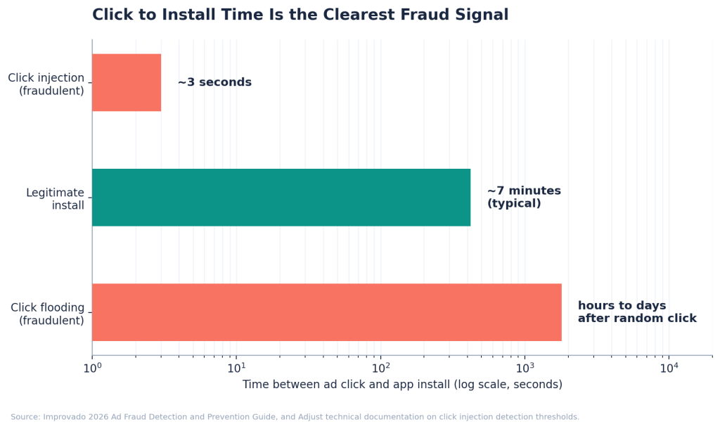 Bar chart comparing click to install time across three scenarios: roughly 3 seconds for fraudulent click injection, roughly 7 minutes for a typical legitimate install, and hours to days for click flooding fraud
