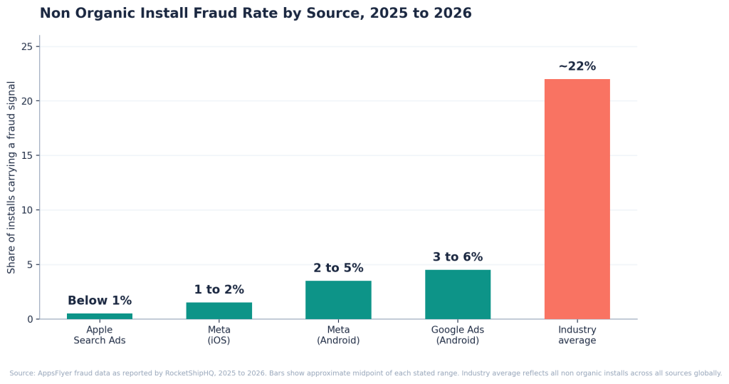 Bar chart showing non organic install fraud rates ranging from below 1 percent for Apple Search Ads up to an industry average of approximately 22 percent