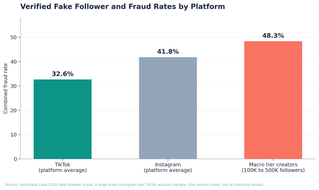 Bar chart showing verified fraud rates by platform: 32.6 percent for TikTok, 41.8 percent for Instagram, and 48.3 percent for macro tier creators with 100,000 to 500,000 followers