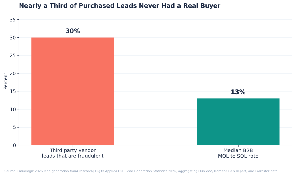 Bar chart showing 30 percent of third party vendor leads are fraudulent, compared to a median B2B MQL to SQL conversion rate of 13 percent