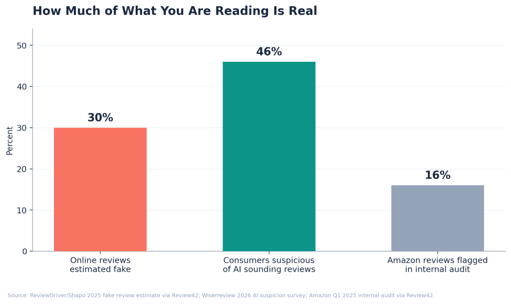 Bar chart showing 30 percent of online reviews estimated fake, 46 percent of consumers suspicious of AI sounding reviews, and 16 percent of Amazon reviews flagged in an internal audit